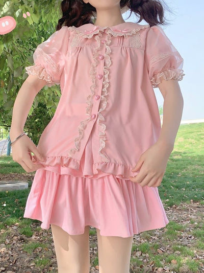 Pink / White Lace Trim Peter Pan Collar Blouse