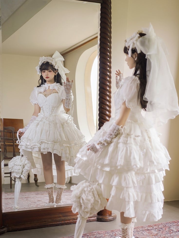 White Tiered Skirt Princess Corset Waist Lolita Jumper Skirt Full Set