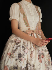 Thumbelina Floral Print Embroidery Bowknot Overall Skirt