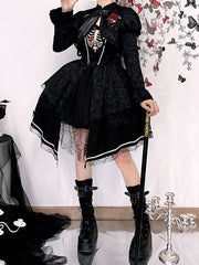 Black Rose Ribs Embroidery Gothic Jumper Skirt/Jumper Skirt+Bolero Set