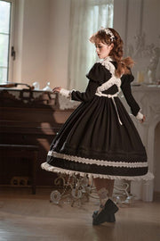 Black High Waist One Piece Maid Style Dress with Detachable Apron Long Sleeves Version