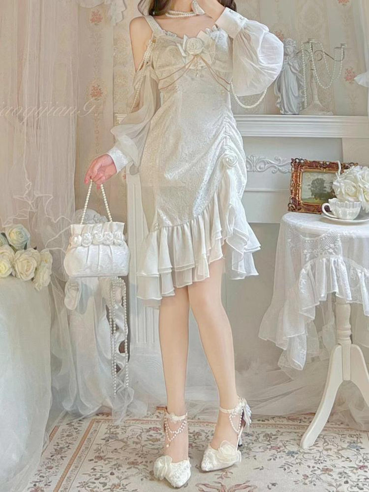 Camellia White Jacquard Rose Decoration Bead Detail Ruffle Mermaid Hemline Lolita JSK