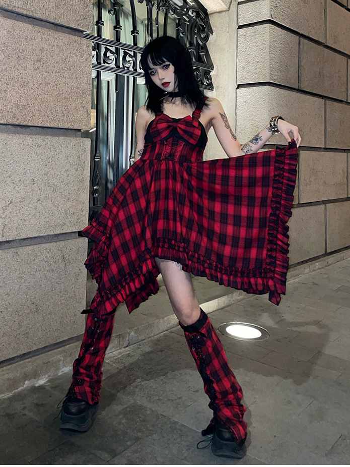 Scarlet Red Plaid Punk Jumper Skirt Handkerchief Hem Idol Dress