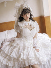 White Tiered Skirt Princess Corset Waist Lolita Jumper Skirt Full Set