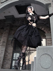 Black Gothic Rose Cross Embroidery Top + Skirt Set