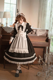 Black High Waist One Piece Maid Style Dress with Detachable Apron Long Sleeves Version