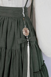 Beige Sunflowers Embroidery Blouse + Green Tiered Skirt with Sunflower Charm Set