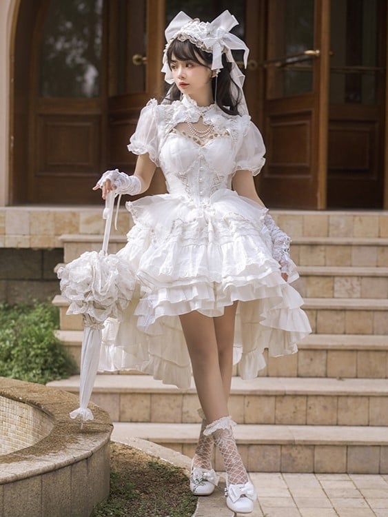 White Tiered Skirt Princess Corset Waist Lolita Jumper Skirt Full Set