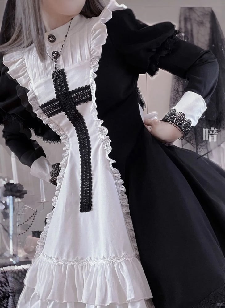 Lace Cross Pattern Ruffle Trim Design Long Sleeves Lolita OP