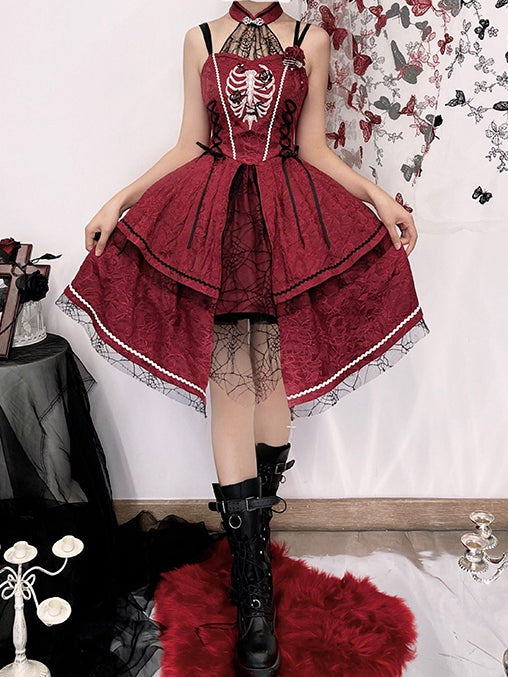 Wine Red Rose Ribs Embroidery Gothic Jumper Skirt/Jumper Skirt+Bolero Set