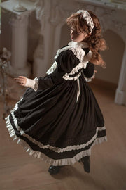 Black High Waist One Piece Maid Style Dress with Detachable Apron Long Sleeves Version