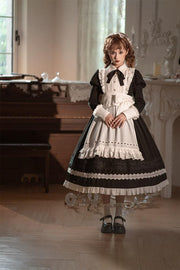 Black High Waist One Piece Maid Style Dress with Detachable Apron Long Sleeves Version