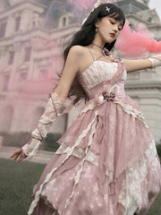 Pink Floral Decoration Handkerchief Hem Jumper Skirt Asymmetrical Shoulder Straps