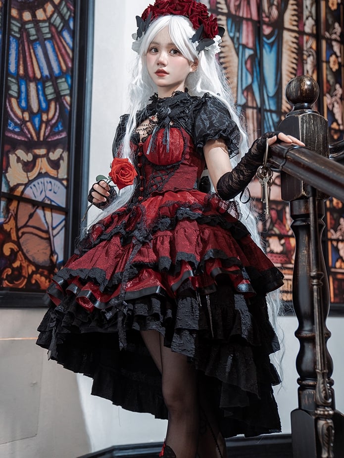 Red and Black Gothic Corset Waist Tiered Skirt Lolita Jumper Skirt Full Set