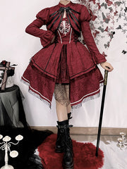 Wine Red Rose Ribs Embroidery Gothic Jumper Skirt/Jumper Skirt+Bolero Set