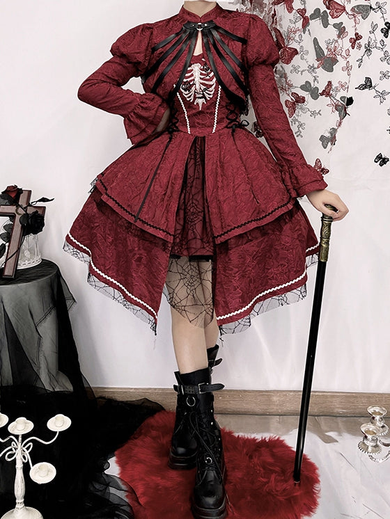 Wine Red Rose Ribs Embroidery Gothic Jumper Skirt/Jumper Skirt+Bolero Set