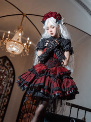 Red and Black Gothic Corset Waist Tiered Skirt Lolita Jumper Skirt Full Set