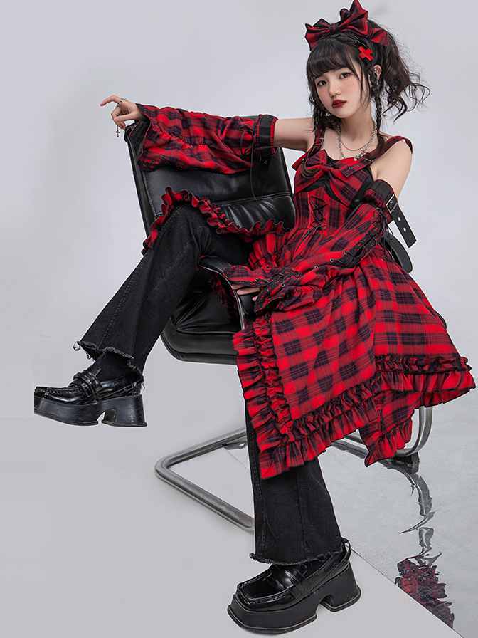 Scarlet Red Plaid Punk Jumper Skirt Handkerchief Hem Idol Dress