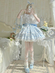 Alice Blue Diamond Pattern Tiered Skirt/White Square Neckline Short Sleeves Blouse