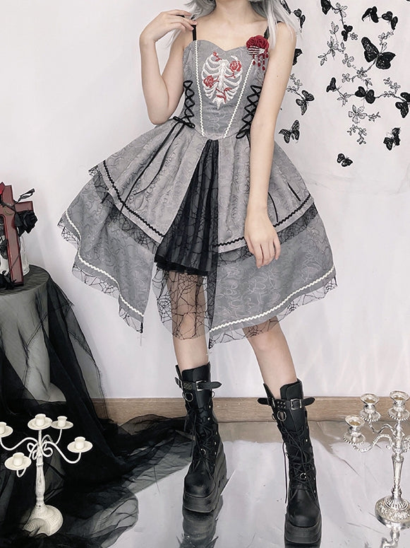 Gray Rose Ribs Embroidery Gothic Jumper Skirt/Jumper Skirt+Bolero Set