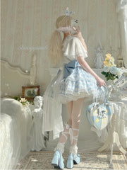 Alice Blue Diamond Pattern Tiered Skirt/White Square Neckline Short Sleeves Blouse