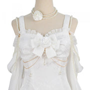 Camellia White Jacquard Rose Decoration Bead Detail Ruffle Mermaid Hemline Lolita JSK