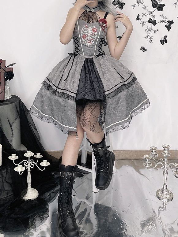 Gray Rose Ribs Embroidery Gothic Jumper Skirt/Jumper Skirt+Bolero Set