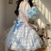 Alice Blue Diamond Pattern Tiered Skirt/White Square Neckline Short Sleeves Blouse