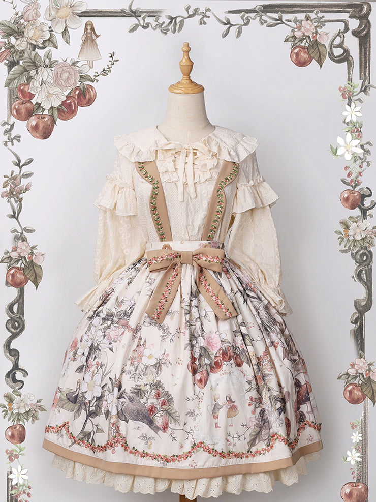 Thumbelina Floral Print Embroidery Bowknot Overall Skirt