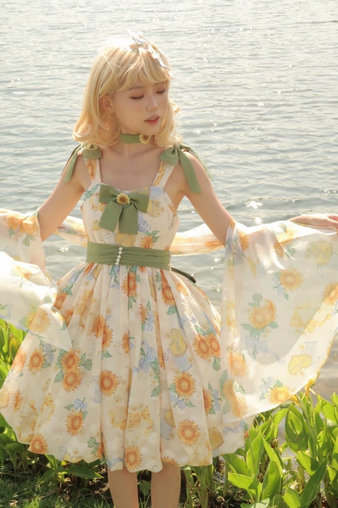 Sunflowers Print Bubble Skirt Summer Dress