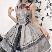 Gray Rose Ribs Embroidery Gothic Jumper Skirt/Jumper Skirt+Bolero Set