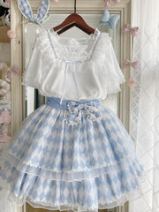 Alice Blue Diamond Pattern Tiered Skirt/White Square Neckline Short Sleeves Blouse