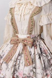 Thumbelina Floral Print Embroidery Bowknot Overall Skirt