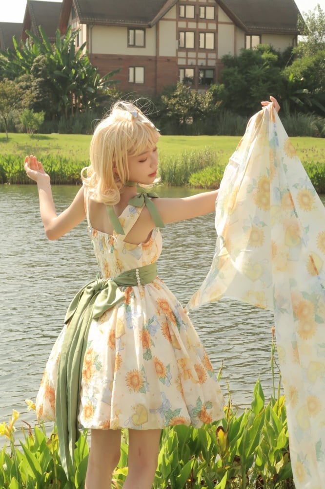 Sunflowers Print Bubble Skirt Summer Dress