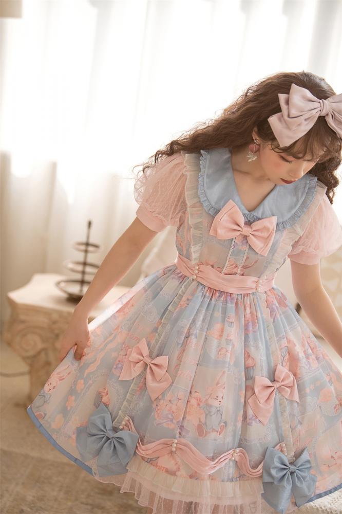 Bunny Print Light Blue Sweet Dress Print Short Sleeve One Piece