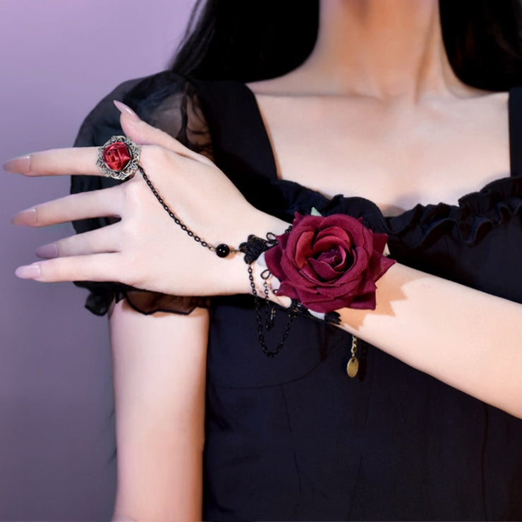 Gothic Dark Red Rose Design Lace Bracelet with RIng