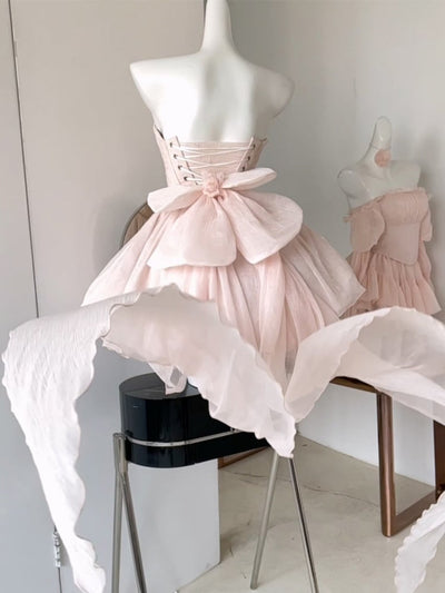 Pink Balletcore Puff Tube Dress with Big Bow Train