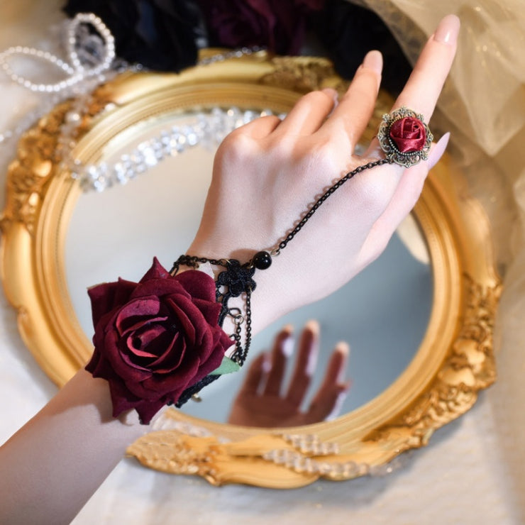 Gothic Dark Red Rose Design Lace Bracelet with RIng