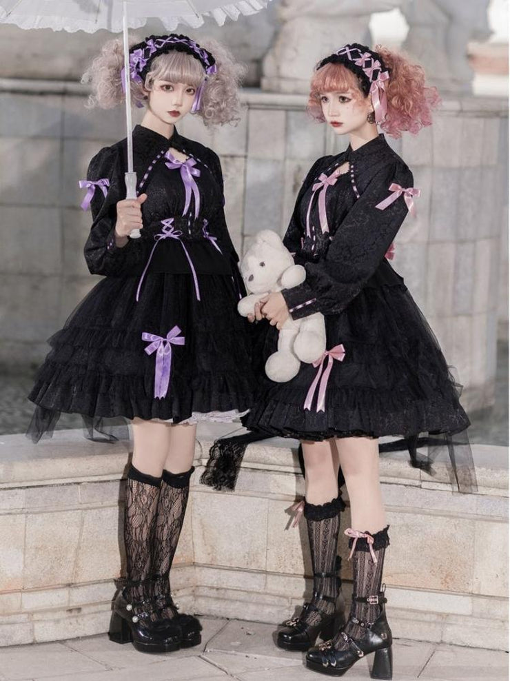 Black and Purple Love Song Big Bow Tiered Ruffles Long Sleeves Lolita OP