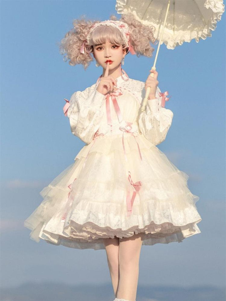 White and Pink Love Song Big Bow Tiered Ruffles Long Sleeves Lolita OP