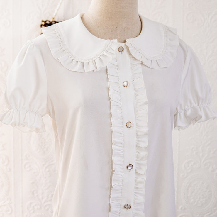 White Peter Pan Collar Short Puff Sleeves Blouse