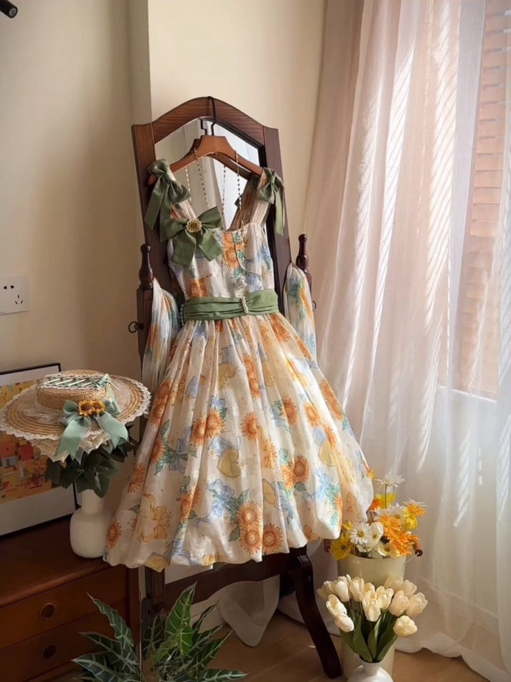 Sunflowers Print Bubble Skirt Summer Dress