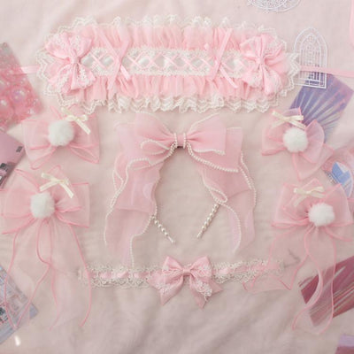 Light Pink Lace Bowknot Details Ruffle Trim Hairband/Hairclips/Necklace/KC