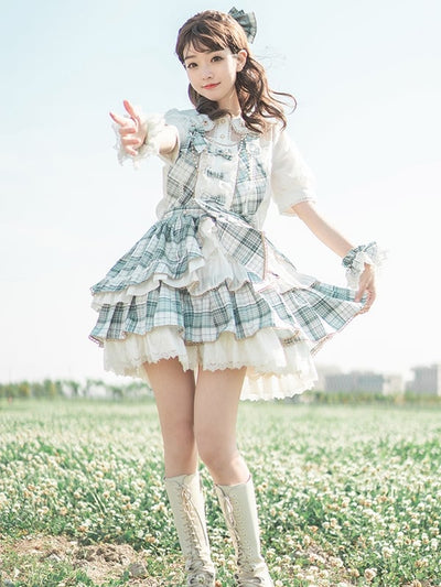 In Stock Green Plaid Ruffle Skirt Idol Dress Lolita Overalls