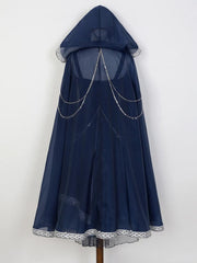 Dreamy Starry Night Dark Blue Butterfly Embroidery Long Dress + Cloak Set with Chains