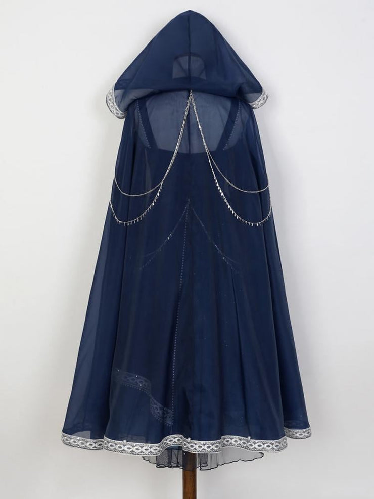 Dreamy Starry Night Dark Blue Butterfly Embroidery Long Dress + Cloak Set with Chains