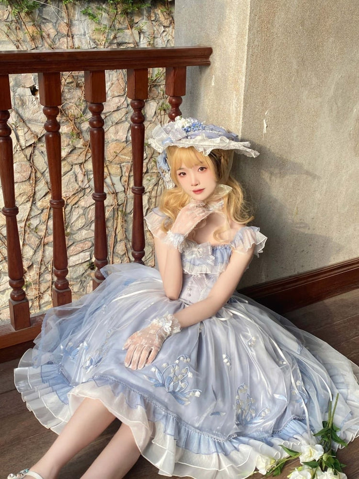 Blue Princess Corset Dress Basque Waist Lily of the Valley Embroidery Lolita Jumper Skirt