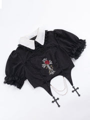 Black Gothic Rose Cross Embroidery Top + Skirt Set