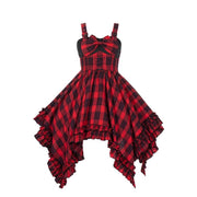 Scarlet Red Plaid Punk Jumper Skirt Handkerchief Hem Idol Dress