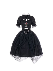 Black Gothic Rose Cross Embroidery Top + Skirt Set